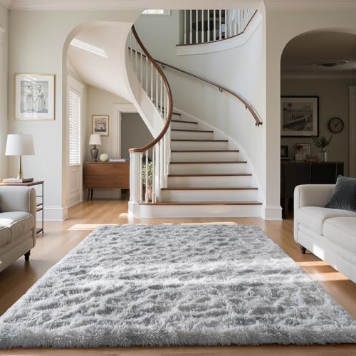 Zentavio Grey and White Area Rugs for Living Room Large Men Room Carpet 5x8 Bedroom Fluffy Furry Shag Aesthetic Plush High Pile Floor Rug for Kids Room Dorm Home Decor Tie-Dyed Grey White - color: Tie-dyed Grey White, size: 5' x 8' (Rectangular)