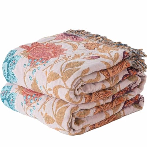 Phuryllic Boho Throw Blanket Twin Size, Soft Cozy Cotton Muslin Quilt Blanket for Bed Decor, Floral Patterned Couch Sofa Chair Cover, Vintage Farmhouse Cottage Tapestry Woven Blanket, Coral&Green - color: Butterfly Waltz, size: 60" x 80"