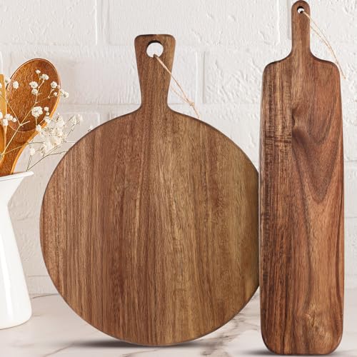 Hsei 2 Pcs Acacia Wood Cutting Boards Charcuterie Board | with Handles, Charcuterie Boards for Cheese, Meat Bread, Steak, Round, Rectangle, Decorative Serving Boards - size: 19x4.7", style: Classic