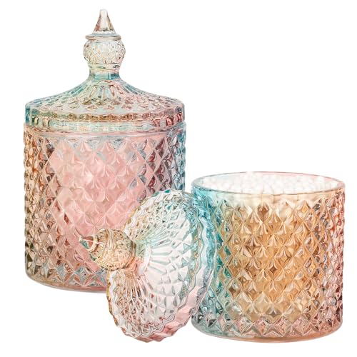 2 Pack Qtip Holder Apothecary Jars with Lid, Small and Large Rainbow | Thick Glass Bathroom Canisters Storage Organizer for Cotton Swabs, Balls, Pads, Floss Picks, Candy, Jewelry and Vanity Decor - color: Rainbow, size: 23 oz + 10 oz