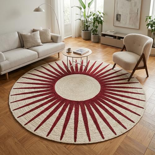 Restoration and Renovation Round Jute Rug – Handwoven Natural Fiber Accent Rug with Radiating Sunbeam Pattern, Boho Coastal Style for Living Room, Bedroom, or Entryway (Burgundy Red, 5' Round) - color: Burgundy Red, size: 5' (Round)