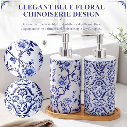 2 Pcs Chinoiserie Floral Soap Dispensers with Wooden Tray | Glass Soap Dispensers, Refillable, Decorative Pump Bottles, for Bathroom, Kitchen, Countertop Decor
