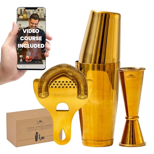 A Bar Above 4 Piece Cocktail Shaker Set with Cocktail Course Included | Includes Strainer, Jigger, and Boston Tin, Bar Kit for Home or Professional Use, Guide for Beginners, Bar Essential, Gold - color: Gold, size: 4-Piece Bar Set & Online Masterclass