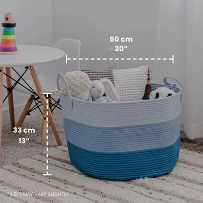 OrganiHaus Round Toy Basket & Blanket Basket, Cotton Rope 20x13" | 3-Toned Blue - Round Cotton Rope Basket, 20x13" - color: 3-toned Blue, size: Wide