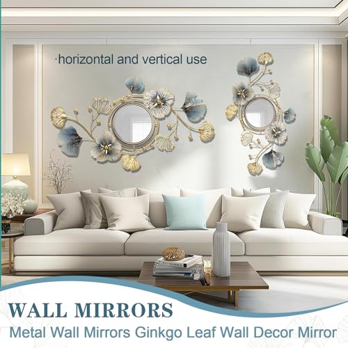 Metal Wall Mirrors Decor, 59" x33” Large Ginkgo Leaf Wall Art | Decorative Wall-Mounted Mirror, 3D Creative Modern Ginkgo Leaves Flower Big Wall Hanging Mirror, for Living Room (59X33 Inch)