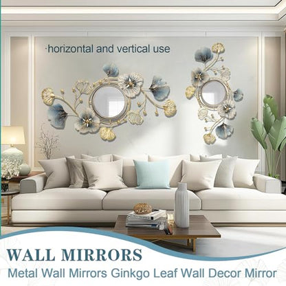 Metal Wall Mirrors Decor, 59" x33” Large Ginkgo Leaf Wall Art | Decorative Wall-Mounted Mirror, 3D Creative Modern Ginkgo Leaves Flower Big Wall Hanging Mirror, for Living Room (59X33 Inch)