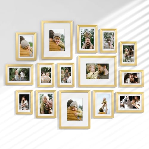 15 Pack Picture Frames Collage Wall Decor, Gallery Frame Set for Wall Mounting or Tabletop Display, Multi Sizes Including 3pcs 8x10, 6pcs 5x7, 6pcs 4x6, Gold - color: Gold