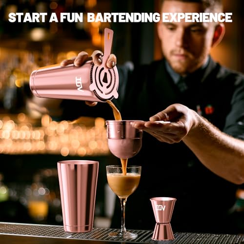 IOV Boston Cocktail Shaker Bar Set, Bartender Kit Drink Mixer Set with 18 oz & 28 oz Boston Shakers, Hawthorne Strainer, Double Jigger, Bar Tool Kit and Recipe Booklet - Rose Gold - color: 3 Pcs - Rose Gold