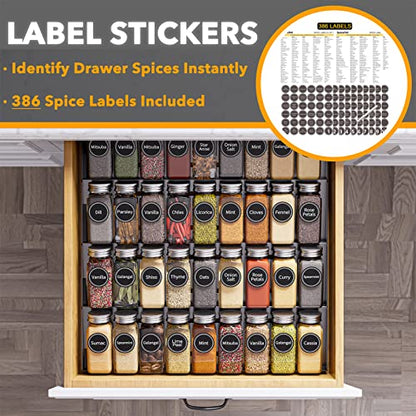 SpaceAid Spice Drawer Organizer with 36 Spice Jars, 386 Spice Labels, 4 Tier Seasoning Rack Tray Insert for Kitchen Drawers, 16.75" Wide x 17.5" Deep - size: 36 Jars, 16.75" Wide