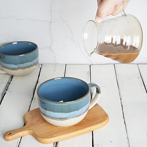 Bosmarlin Ceramic Jumbo Coffee Mug Set of 2, 23 Oz, Large Mug Soup Bowls with Handles, Dishwasher and Microwave Safe (Blue) - color: Blue