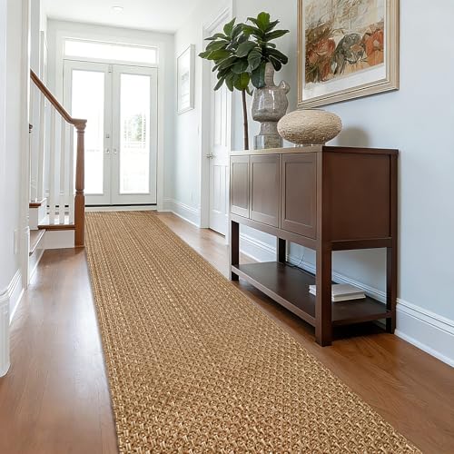 Tan Brown Boho Faux Jute Runner Rug 2x10 ft,Braided Farmhouse Non Slip Rug | Washable solid neutral carpet, suitable for entryway, kitchen, bathroom, living room and bedroom - size: 2' x 10' (Rectangular)