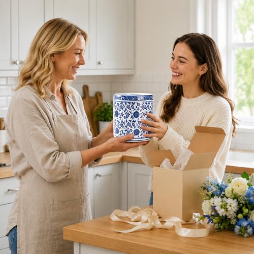 Large Blue and White Ceramic Utensil Holder Crock Chinoiserie Floral Design | Kitchen Countertop Organizer for Cooking Utensils Spatula Spoon Fork Home Decor Party