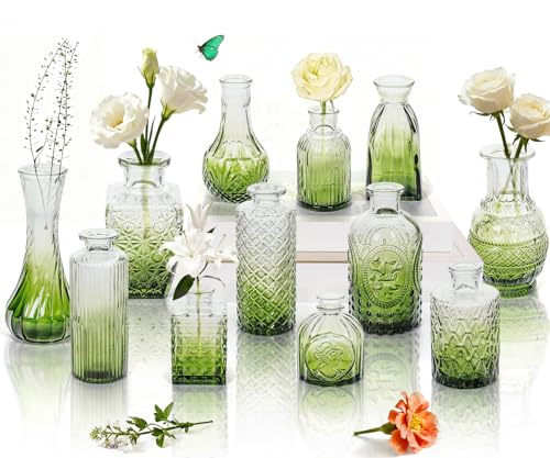 Clear Gradient Green Glass Bud Vase Set of 12 Pcs,Small Bud Vases in Bulk,Glass Crystal Flower Vases Table Centerpieces for Party Event Wedding Decor Baby Shower Decorations (Gradient Green, 12 Pcs) - color: Gradient Green, size: 12 Pcs