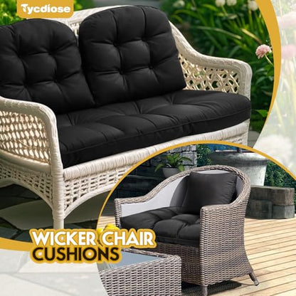 All Weather Wicker Chair Cushions of 3 Pieces, Waterproof Outdoor Wicker Chair Cushion for Patio Furniture Loveseat Settee Bench, 1 Loveseat and 2 U-Shaped Thickened Cushions, Black - color: Black