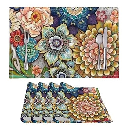 Placemats Set of 4, Dining Table Woven Vinyl PVC Placemat Wipeable Easy to Clean Oil-Proof Non-Slip Tablemats, Blooming Flowers - color: Flower, size: Set of 4