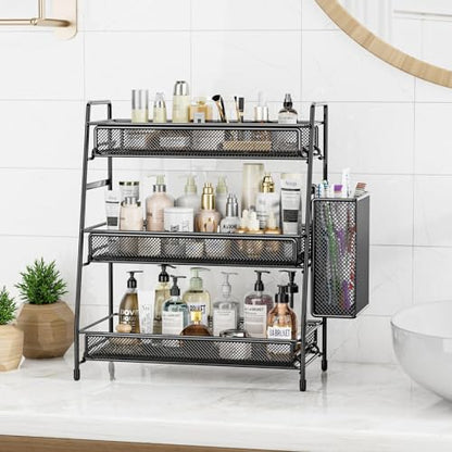 EKNITEY Bathroom Countertop Organizer Shelf - 3 Tier Counter Spice Rack | Metal, Removable Basket, Non-Slip Base, Makeup Rack, Small Coffee Station Organizer, for Sink Bedroom Kitchen Living room - color: Black with Basket