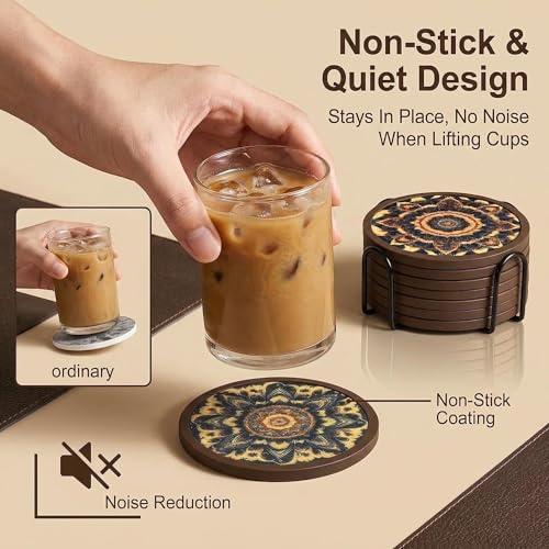 Absorbent Coasters for Drinks with Holder - 6packs, Silicone Coaster with Soft Felt Insert (4.3 inch Coasters with 4.5 inch Holder, Dual-Sided Mandala -Themed Patterns) - color: Dual-sided Mandala-themed Patterns