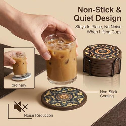 Absorbent Coasters for Drinks with Holder - 6packs, Silicone Coaster with Soft Felt Insert (4.3 inch Coasters with 4.5 inch Holder, Dual-Sided Mandala -Themed Patterns) - color: Dual-sided Mandala-themed Patterns