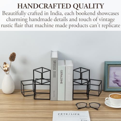 MyGift Modern Black Metal Geometric Bookends, Decorative Book Ends Stands for Home Library Bookshelf Office Desk, 1 Pair, Handcrafted in India, 3 Cube Frame Design