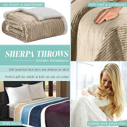 Elegant Comfort Corduroy Sherpa Reversible Throw Blanket, Medium Weight and Super Plush - Soft, Fuzzy and Plush Flannel Blanket - Micro-Suede - Corduroy Striped Pattern, 50 x 60 Inch Throw, Taupe