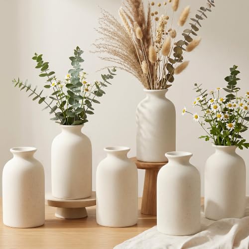 Ceramic Flower Vase Home Decor Small Vase Set of 6 Centerpieces for Tables | Farmhouse Vases Rustic Vintage Living Kitchen Bedroom Decorations for House Book Shelf Office Coffee Desk Dining Fireplace - color: A-4.8"h-beige White