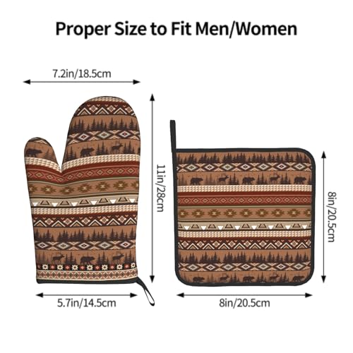 Rustic Bear Deer Oven Mitts and Pot Holder Sets Boho Ethnic Hot Pads Non-Slip Heat Resistant Kitchen Gloves for Baking Cooking Grilling BBQ - color: Rustic Bear Deer