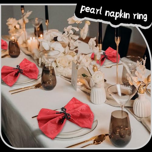 18 Pcs Black Pearl Napkin Rings Adjustable Imitation Pearl String Elegant Napkin Holders for Weddings Dinner Parties and Everyday Use - color: Black