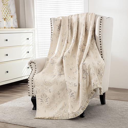 Loom and Mill Luxury Throw Blanket for Couch Sofa 52x72 Inch, Light Apricot | Elegant Thick Jacquard Bed Throws Soft and Cozy Velvet Fall Blankets with Fringes Trim for Couch Recliner Chair Home Decor - color: Light Apricot