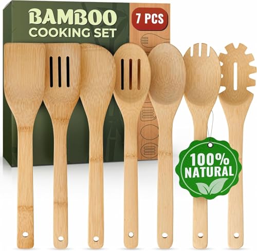 Wooden Utensil Set, Bamboo Utensils – 7 PCs Wood Spoons for Cooking | Lightweight, Easy to Clean, Sturdy & Heat Resistant – Food-Safe, Multipurpose for Stirring & Serving - size: 7 Pieces