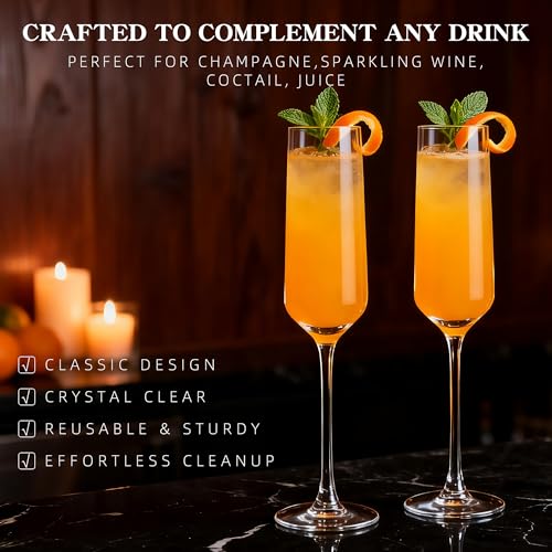 6 Pack Champagne Flutes - Elegant Stemware Champagne Glass Set for Weddings, Birthdays, Holidays - 7.5oz Crystal Clear, Dishwasher Safe, Ideal Gift Set (6)