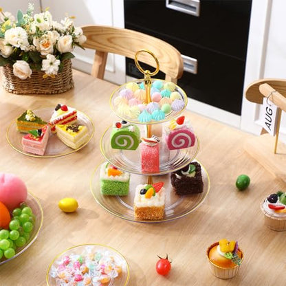 Teenyyou 16 Pack 3 Tier Cupcake Stand Bulk Tiered Dessert Stand Thick Plastic Serving Tray with Gold Edges Dessert Table Display Set Tea Cake Holder for Wedding Birthday Party (Clear) - color: Clear