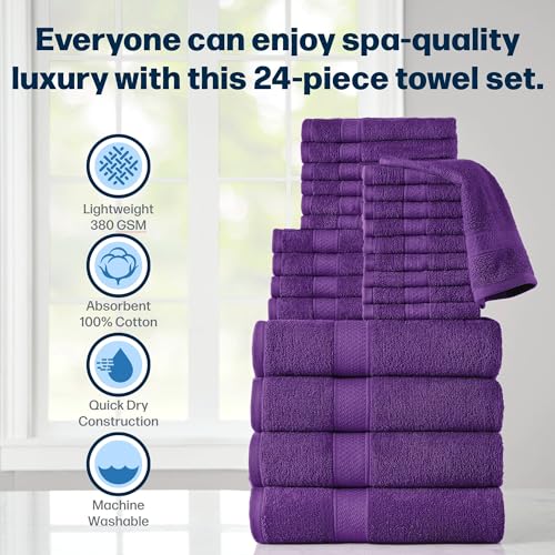 24-Piece Set of Towels, Lightweight 380 GSM Cotton Towels, Quick Drying, Absorbent Hand Towels, Fingertip Towels, Bath Towels, & Washcloths, Grape - color: Grape