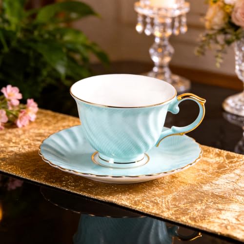 KAMMAK Tea Cups and Saucers Set of 2, Fine Bone China Coffee Cups, GH023 | Stackable Espresso Mugs, Ceramic Demitasse for Coffee, Cappuccino, Latte, Americano, Tea - size: 8KPGH023+24