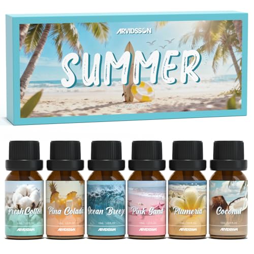 ARVIDSSON Summer Essential Oils Set, Tropical Fragrance Oil for Diffuser, Soap and Candle Making - Ocean Breeze, Pina Colada, Fresh Cotton, Pink Sand, Plumeria, Coconut, Scented Oil for Home - color: Light Blue