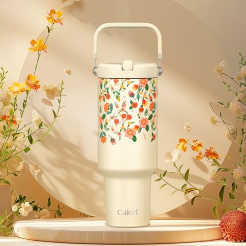 40 oz Insulated Tumbler with Top Handle and Flip Straw | Vacuum Insulated Stainless Steel Cup with Leak-Proof Lid, Sweat-Free, Fits Cup Holder, Keeps Ice Cold up to 30 Hours - color: Garden Floral, size: 40 Ounces