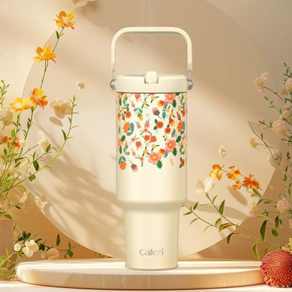 40 oz Insulated Tumbler with Top Handle and Flip Straw | Vacuum Insulated Stainless Steel Cup with Leak-Proof Lid, Sweat-Free, Fits Cup Holder, Keeps Ice Cold up to 30 Hours - color: Garden Floral, size: 40 Ounces