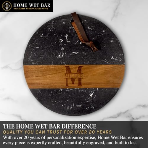 HomeWetBar Personalized Charcuterie Board | Custom 12" Round Black Marble & Acacia Wood Cheese Board | Perfect Housewarming + Wedding + Couples Gift Idea - style: Winslow Round Black Marble Board