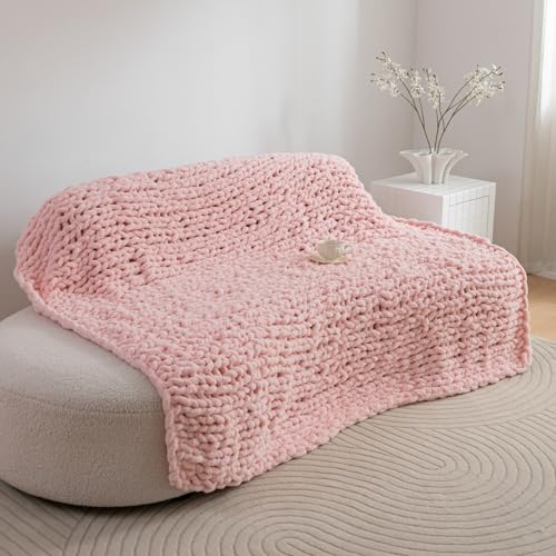 Chunky Knit Blanket Throw 51"×63" for Couch Pink | 100% Handmade Knitted Throw Blanket Fluffy Soft Blanket with Jumbo Chenille Yarn Thick - color: Pink, size: 50"*60"