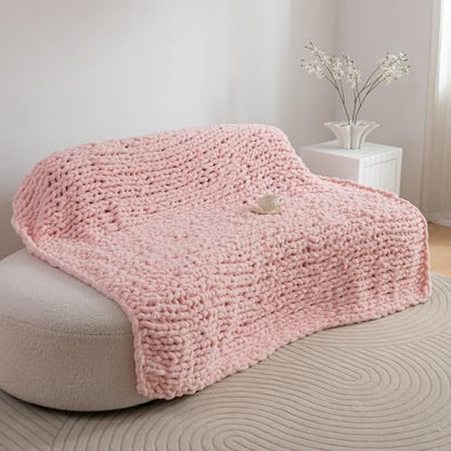 Chunky Knit Blanket Throw 51"×63" for Couch Pink | 100% Handmade Knitted Throw Blanket Fluffy Soft Blanket with Jumbo Chenille Yarn Thick - color: Pink, size: 50"*60"