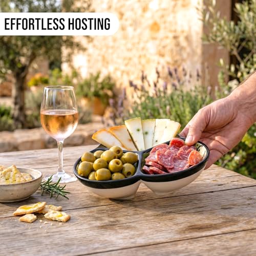 3-Compartment Ceramic Serving Dish, Handmade in Spain | 7.5” divided chip and dip bowl with lead-free glaze, microwave, oven and dishwasher safe, ideal for tapas, snacks and sauces - color: Onyx Green