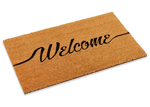 Welcome Coco Coir Doormat, 18" x 30", Cursive Script Design, Natural Fiber Front Door Mat with Vinyl Non-Slip Backing, 0.5" Thick - size: 18" x 30