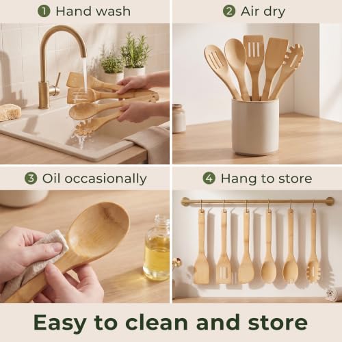 Wooden Spoons for Cooking, 6 Pcs Bamboo Utensil Set – Nonstick Safe | Heat-Resistant, Easy to Clean & Sturdy – Smooth Finish with Comfortable Handles, Food-Safe - size: 6 Pieces