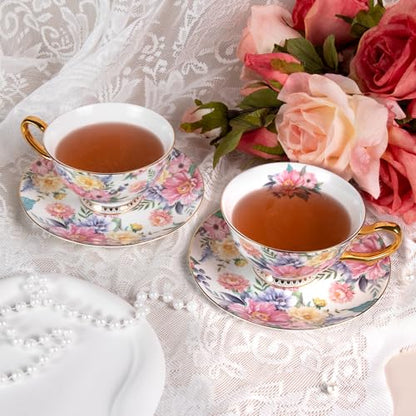 KAMMAK Tea Cups and Saucers Set of 2, Porcelain Coffee Cups, JBE018 | Stackable Espresso Mugs, Ceramic Demitasse for Coffee, Cappuccino, Latte, Americano, Tea - size: 8CZJBE018