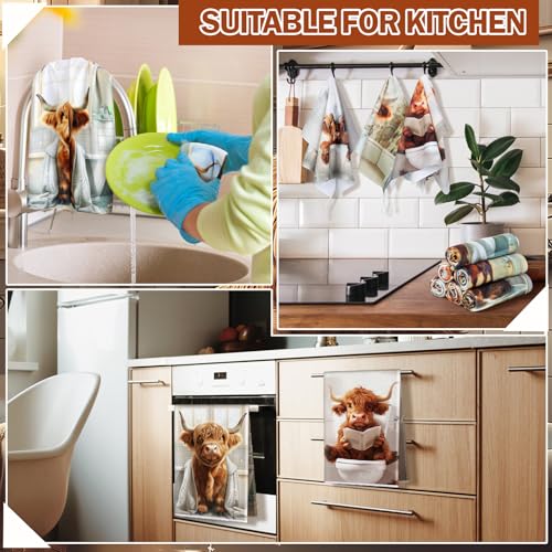 Redbaker 6 Highland Cow Kitchen Towels with Hanging Loop | Soft Absorbent Tea Dishcloths, Rustic Farmhouse Housewarming Gift for Bathroom Kitchen, Bathing Cow Themed Decor - style: Bathroom