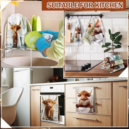 Redbaker 6 Highland Cow Kitchen Towels with Hanging Loop | Soft Absorbent Tea Dishcloths, Rustic Farmhouse Housewarming Gift for Bathroom Kitchen, Bathing Cow Themed Decor - style: Bathroom