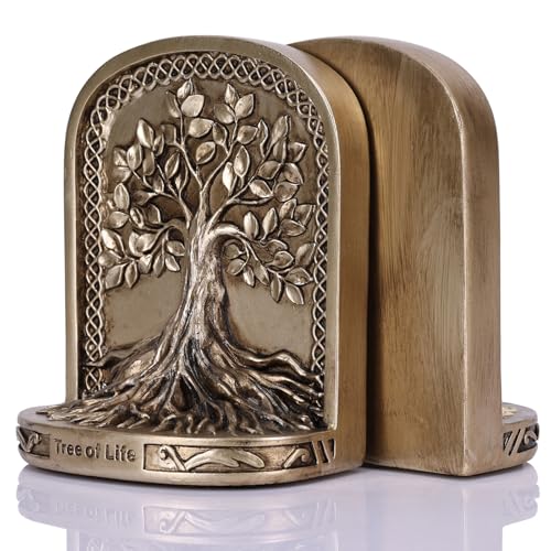Tree of Life Bookends Set, 2 Heavyweight Bookends, Gold Finish, Ideal for Bookshelves and Bookcases, Suitable for Office, Library, or Living Room Coffee Table Decor. - color: A-gold