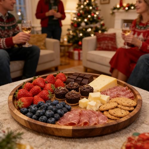 Utoplike Large Acacia Serving Tray, Rotating Lazy Susan Table Top 17.7'' | Round Wood Charcuterie Board, with Raised Edge, Removable Dividers for Cheese, Snacks, for Dining Tables, Kitchen Counters - size: 17.7''