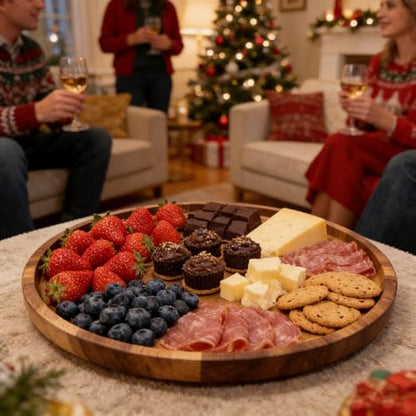 Utoplike Large Acacia Serving Tray, Rotating Lazy Susan Table Top 17.7'' | Round Wood Charcuterie Board, with Raised Edge, Removable Dividers for Cheese, Snacks, for Dining Tables, Kitchen Counters - size: 17.7''