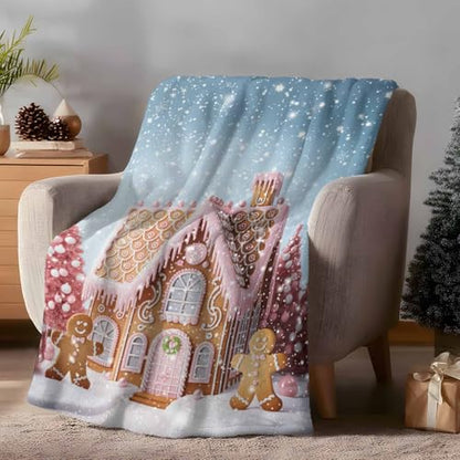 Pink Christmas Throw Blanket, Xmas Tree Gingerbread Man House Super Soft Warm Flannel Blankets for Bed Couch Sofa Fantasy Snow Scene Lightweight Fluffy Plush Bed Throws 50x60 Inch - color: Pink Blue, size: 50''x60''