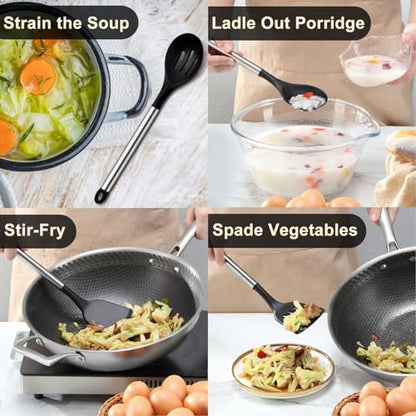Pleafind 4-Pcs Silicone Cooking Utensils Set, Wok Utensils Set Include Wok Ladle, Slotted Spoon, Solid Spatula and Slotted Spatula, Silicone and Stainless Steel Kitchen Utensils, Dishwasher Safe - color: 4P-Black